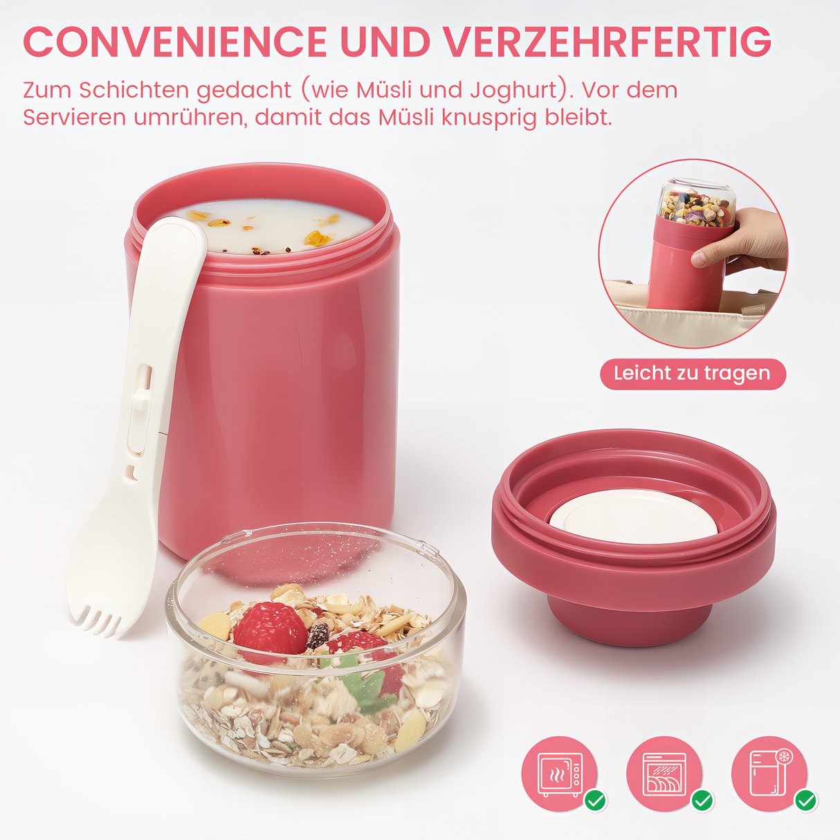 Cereal Cup to Go 520 ml + 250 ml, Practical Yoghurt Cup with Spoon, Leak-Proof Cereal Cup with Sauce Box