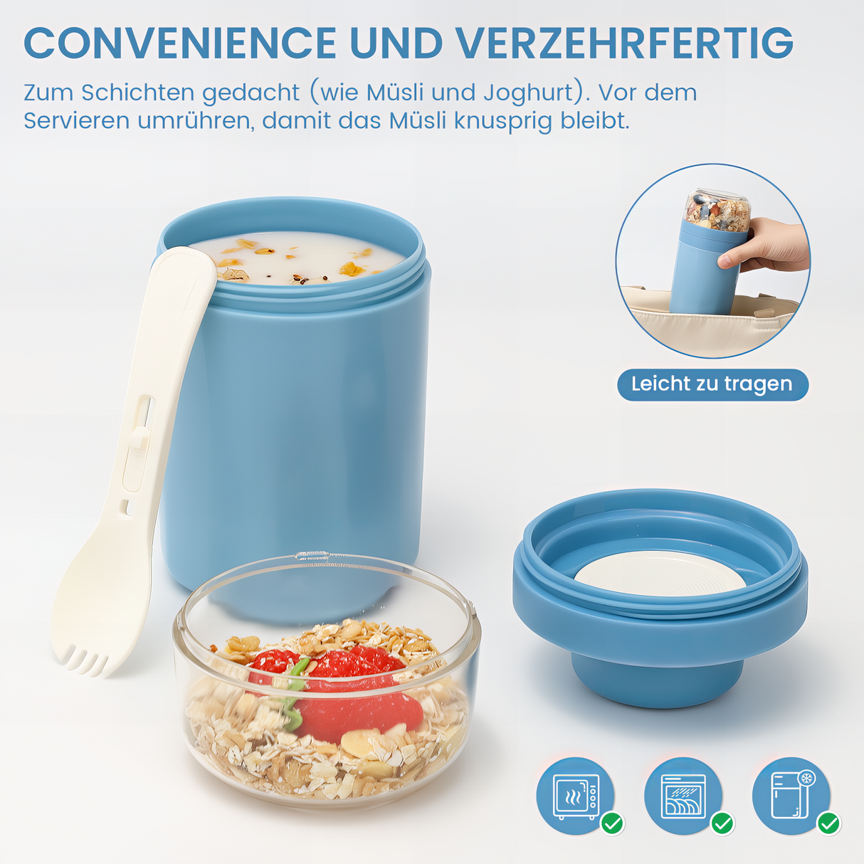 Cereal Cup to Go 520 ml + 250 ml, Practical Yoghurt Cup with Spoon, Leak-Proof Cereal Cup with Sauce Box