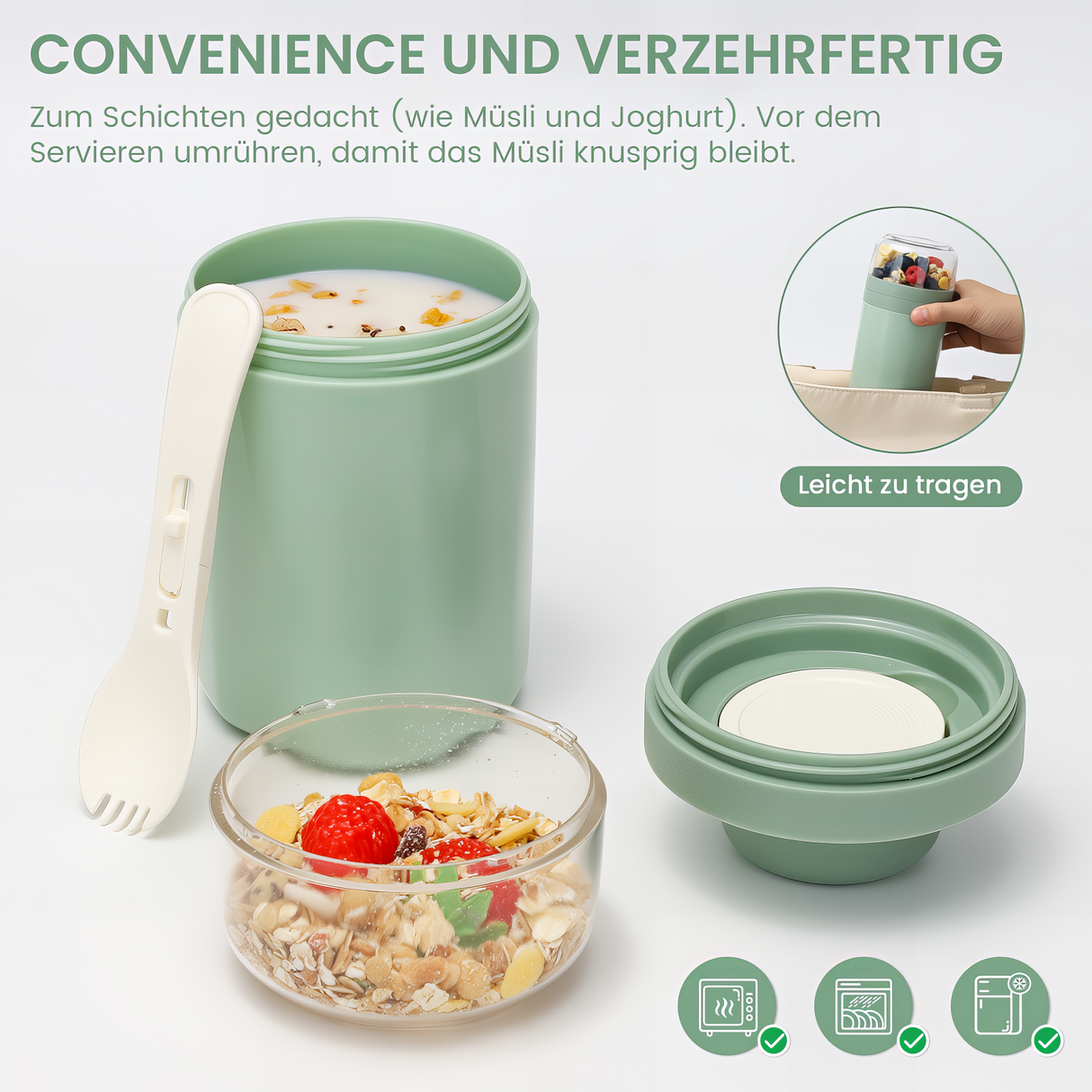 Cereal Cup to Go 520 ml + 250 ml, Practical Yoghurt Cup with Spoon, Leak-Proof Cereal Cup with Sauce Box