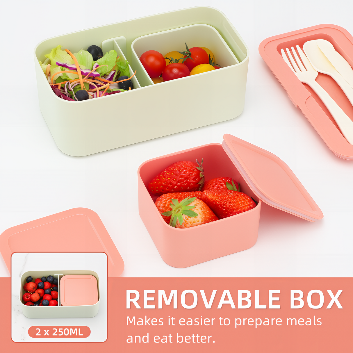 Bento Lunch Box 1450ML,2 in 1 Stackable Lunch Box Bento Box,2 Layer 3 Compartments Leak-Proof Lunchbox