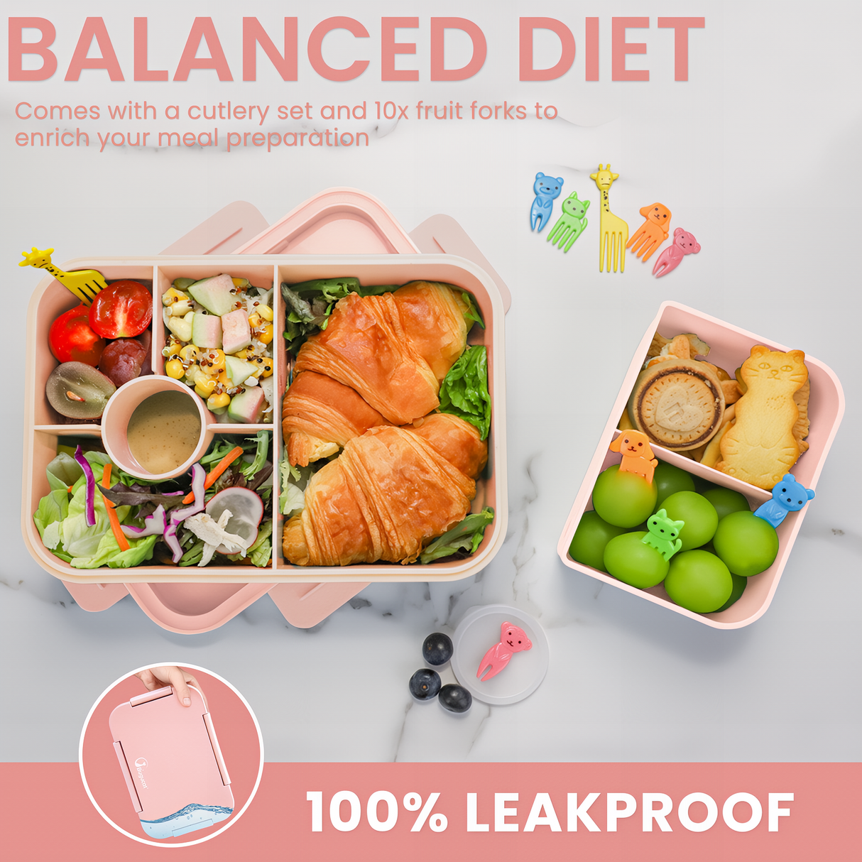 Bugucat Bento Lunch Box 1300ML with Bag - Leak-Proof with 5 Compartments,Cutlery for Kids and Adults