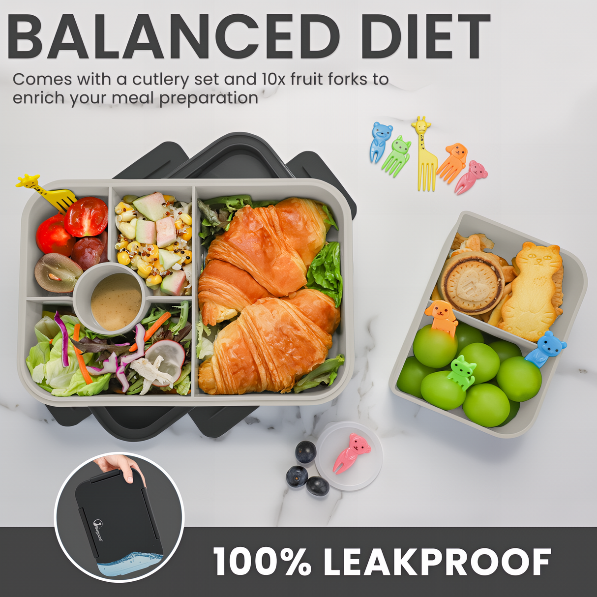 Bugucat Bento Lunch Box 1300ML with Bag - Leak-Proof with 5 Compartments,Cutlery for Kids and Adults