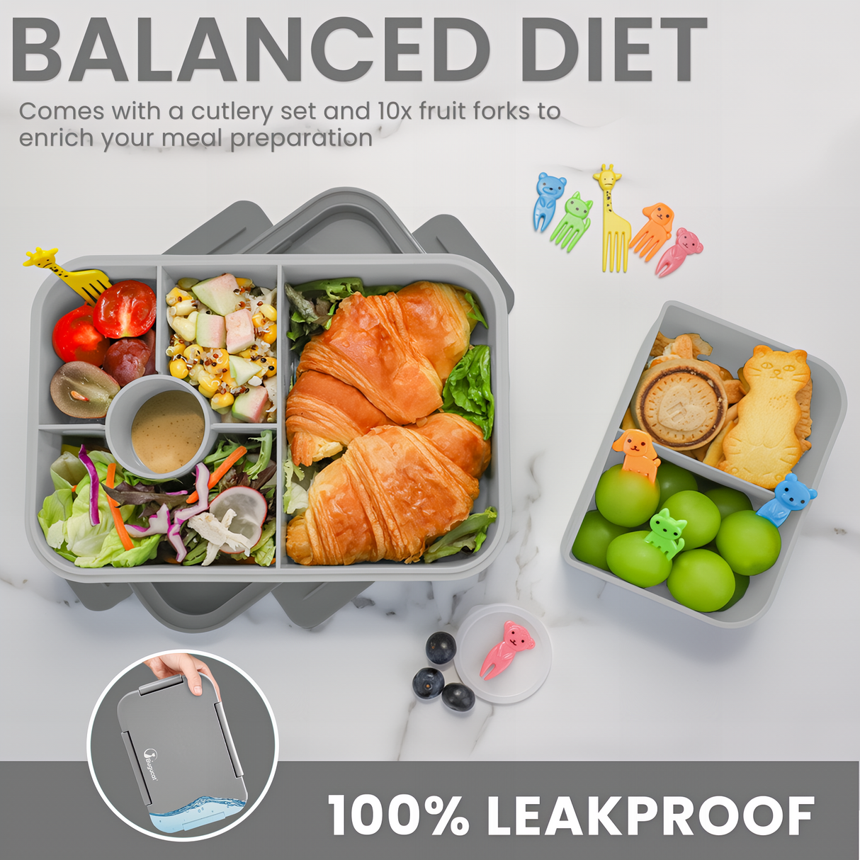 Bugucat Bento Lunch Box 1300ML with Bag - Leak-Proof with 5 Compartments,Cutlery for Kids and Adults