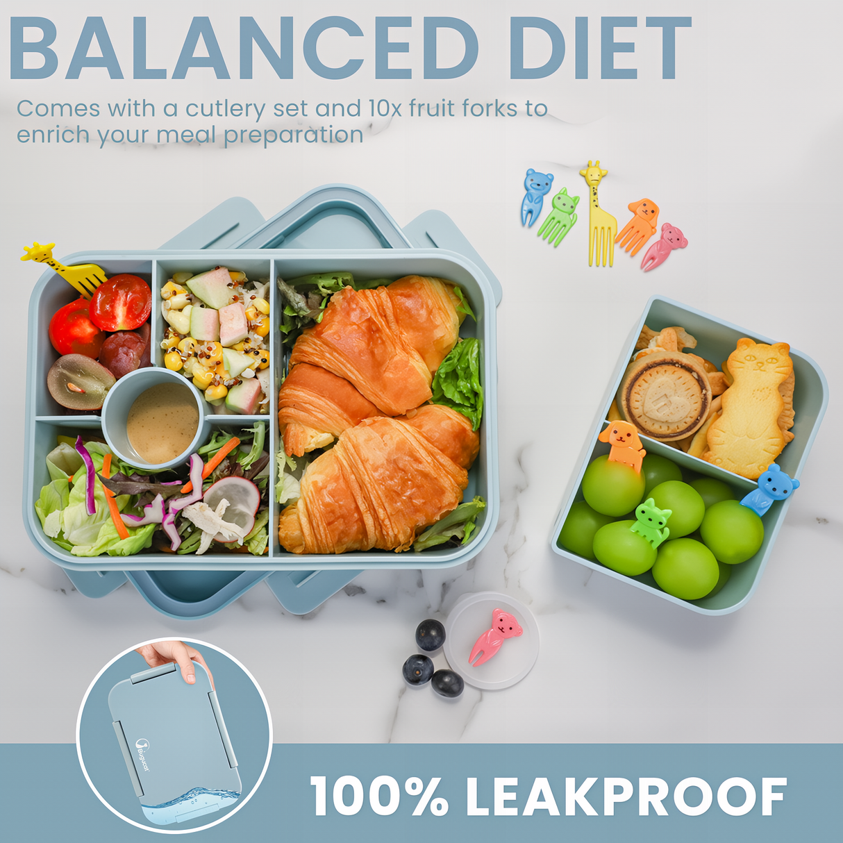 Bugucat Bento Lunch Box 1300ML with Bag - Leak-Proof with 5 Compartments,Cutlery for Kids and Adults