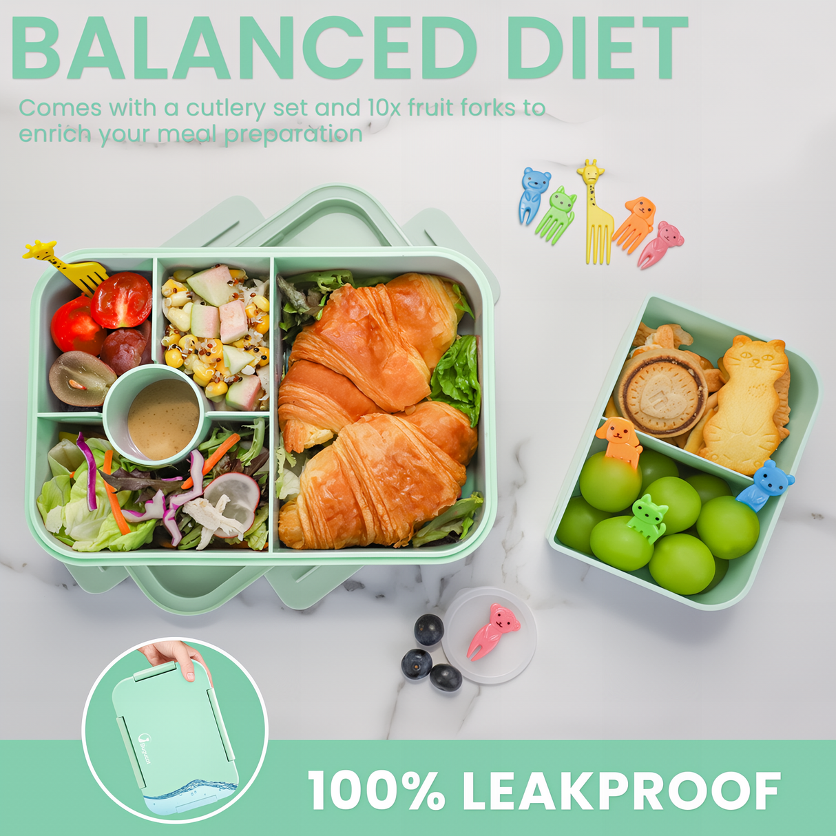 Bugucat Bento Lunch Box 1300ML with Bag - Leak-Proof with 5 Compartments,Cutlery for Kids and Adults