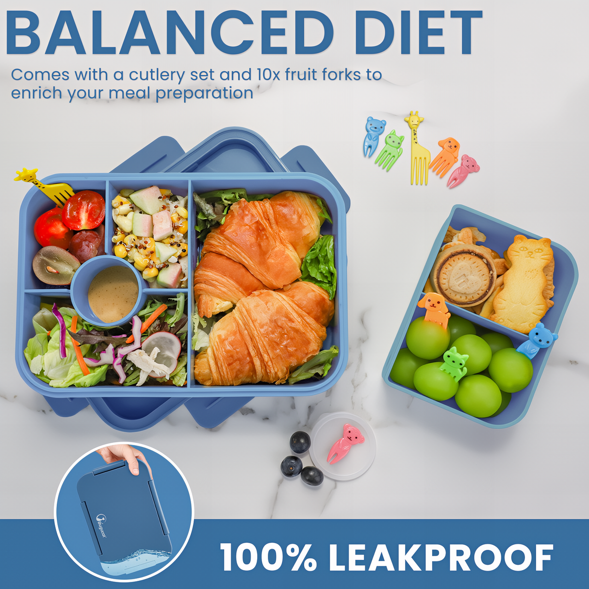 Bugucat Bento Lunch Box 1300ML with Bag - Leak-Proof with 5 Compartments,Cutlery for Kids and Adults