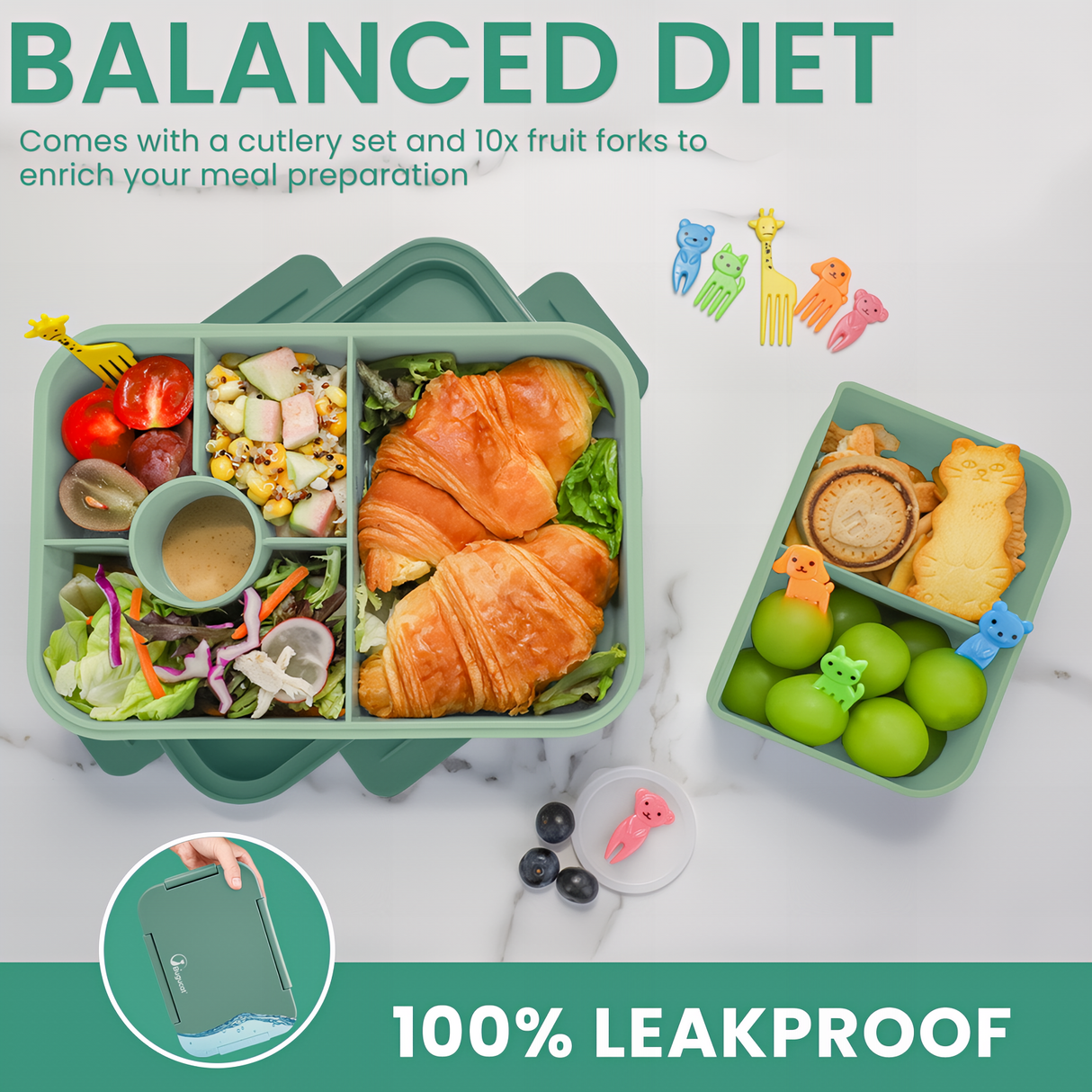 Bugucat Bento Lunch Box 1300ML with Bag - Leak-Proof with 5 Compartments,Cutlery for Kids and Adults