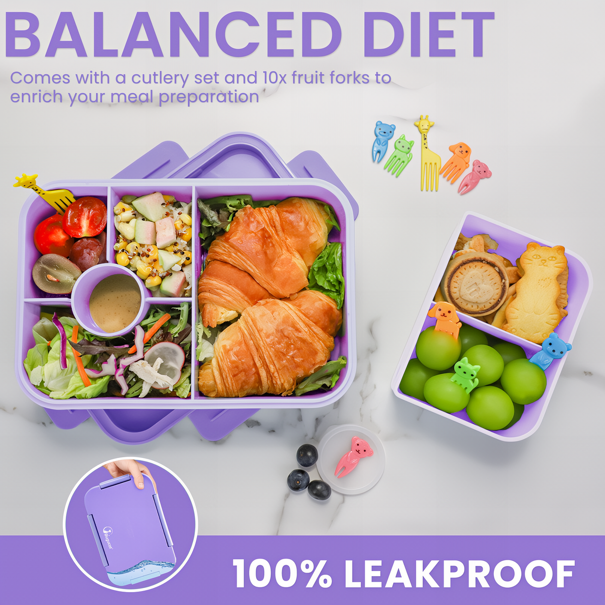 Bugucat Bento Lunch Box 1300ML with Bag - Leak-Proof with 5 Compartments,Cutlery for Kids and Adults