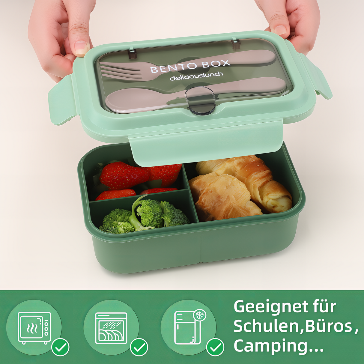 Kids Lunch Box 1200 ml, Leak-Proof Lunch Box with 3 Compartments, Bento Box Adults with Cutlery