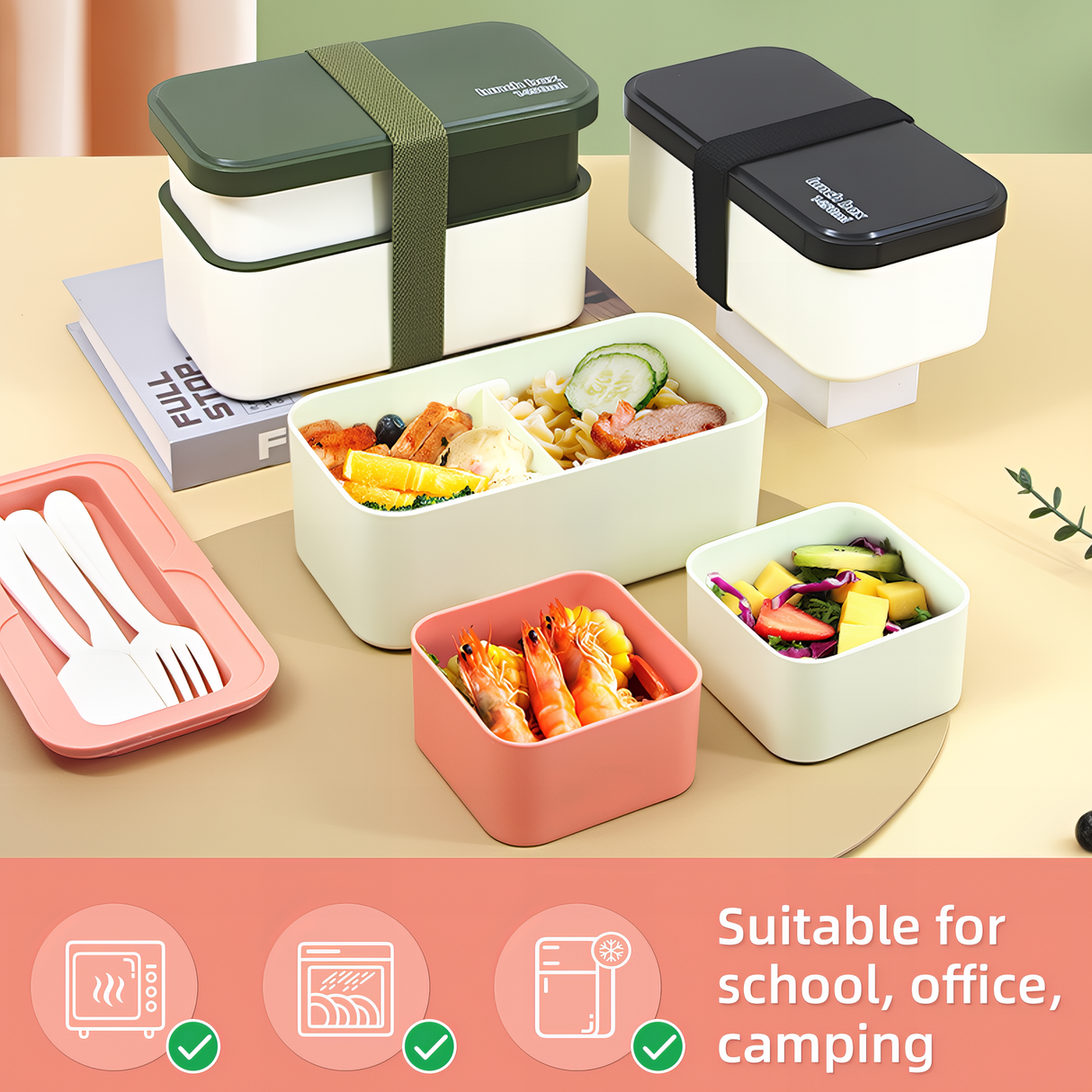 Bento Lunch Box 1450ML,2 in 1 Stackable Lunch Box Bento Box,2 Layer 3 Compartments Leak-Proof Lunchbox