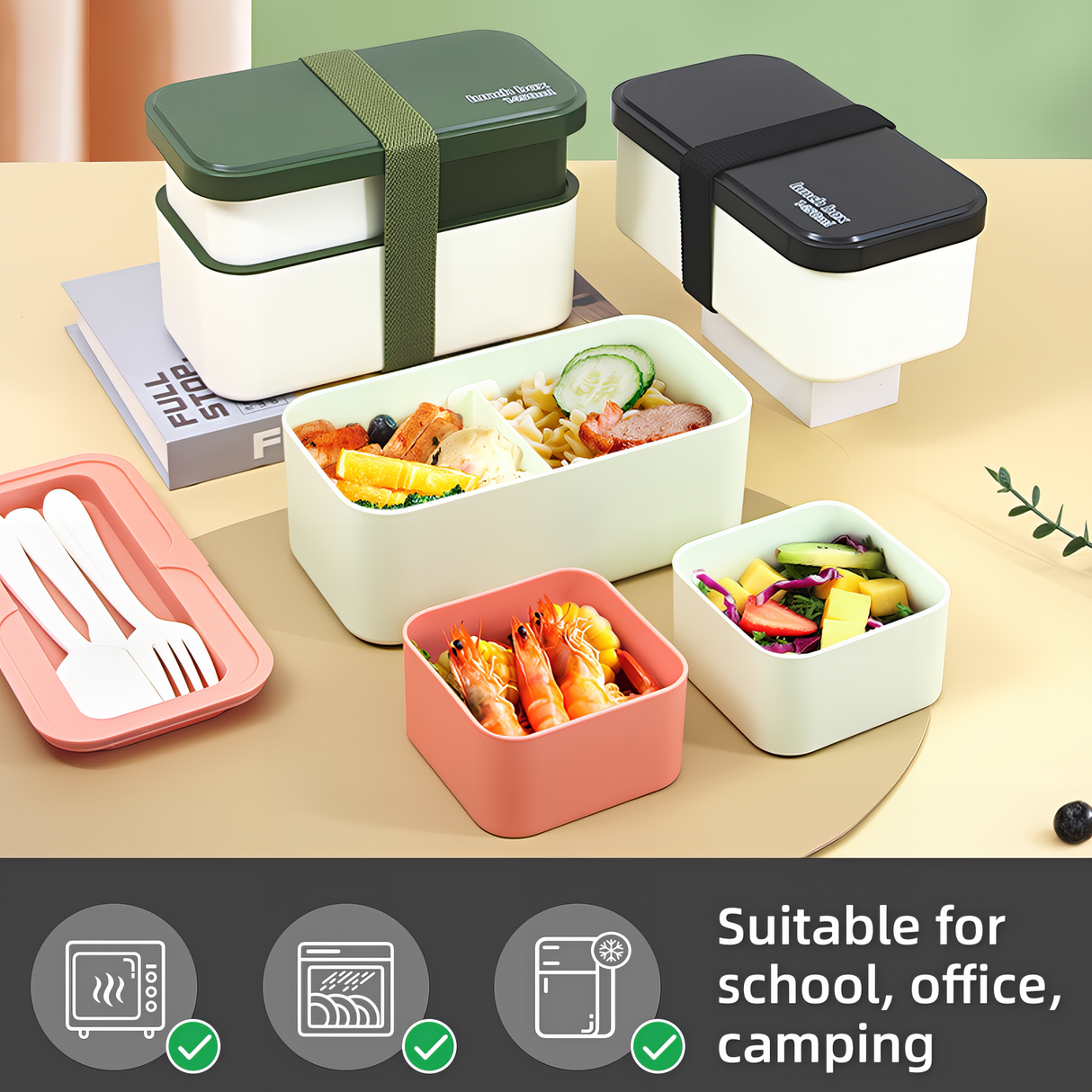 Bento Lunch Box 1450ML,2 in 1 Stackable Lunch Box Bento Box,2 Layer 3 Compartments Leak-Proof Lunchbox