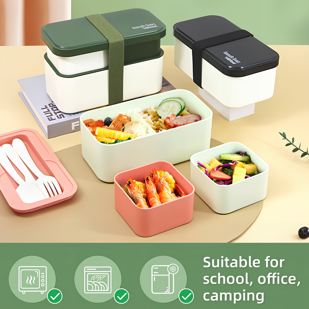 Bento Lunch Box 1450ML,2 in 1 Stackable Lunch Box Bento Box,2 Layer 3 Compartments Leak-Proof Lunchbox