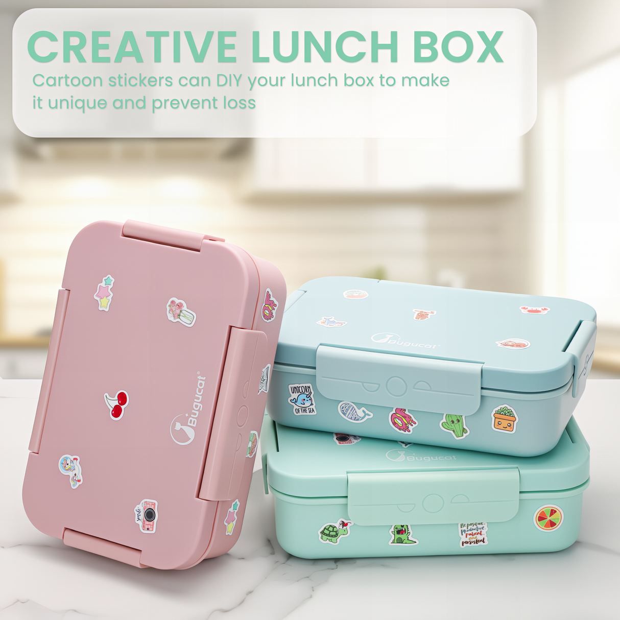 Bugucat Bento Lunch Box 1300ML with Bag - Leak-Proof with 5 Compartments,Cutlery for Kids and Adults