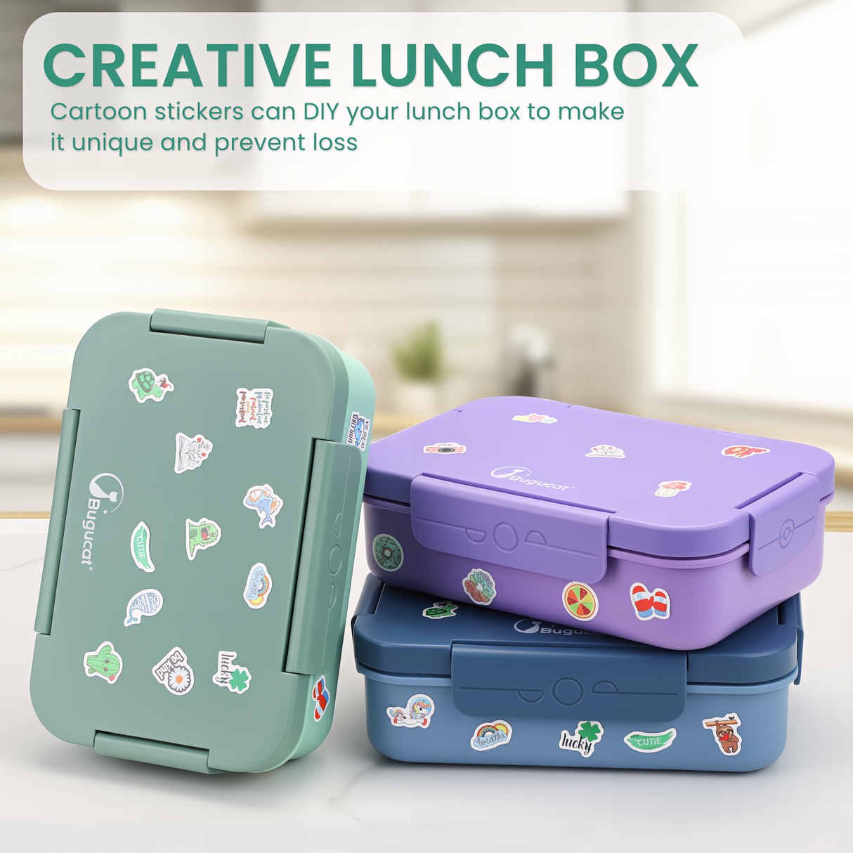 Bugucat Bento Lunch Box 1300ML with Bag - Leak-Proof with 5 Compartments,Cutlery for Kids and Adults