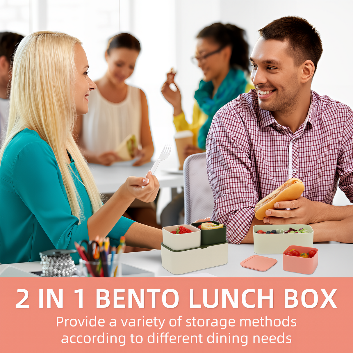 Bento Lunch Box 1450ML,2 in 1 Stackable Lunch Box Bento Box,2 Layer 3 Compartments Leak-Proof Lunchbox