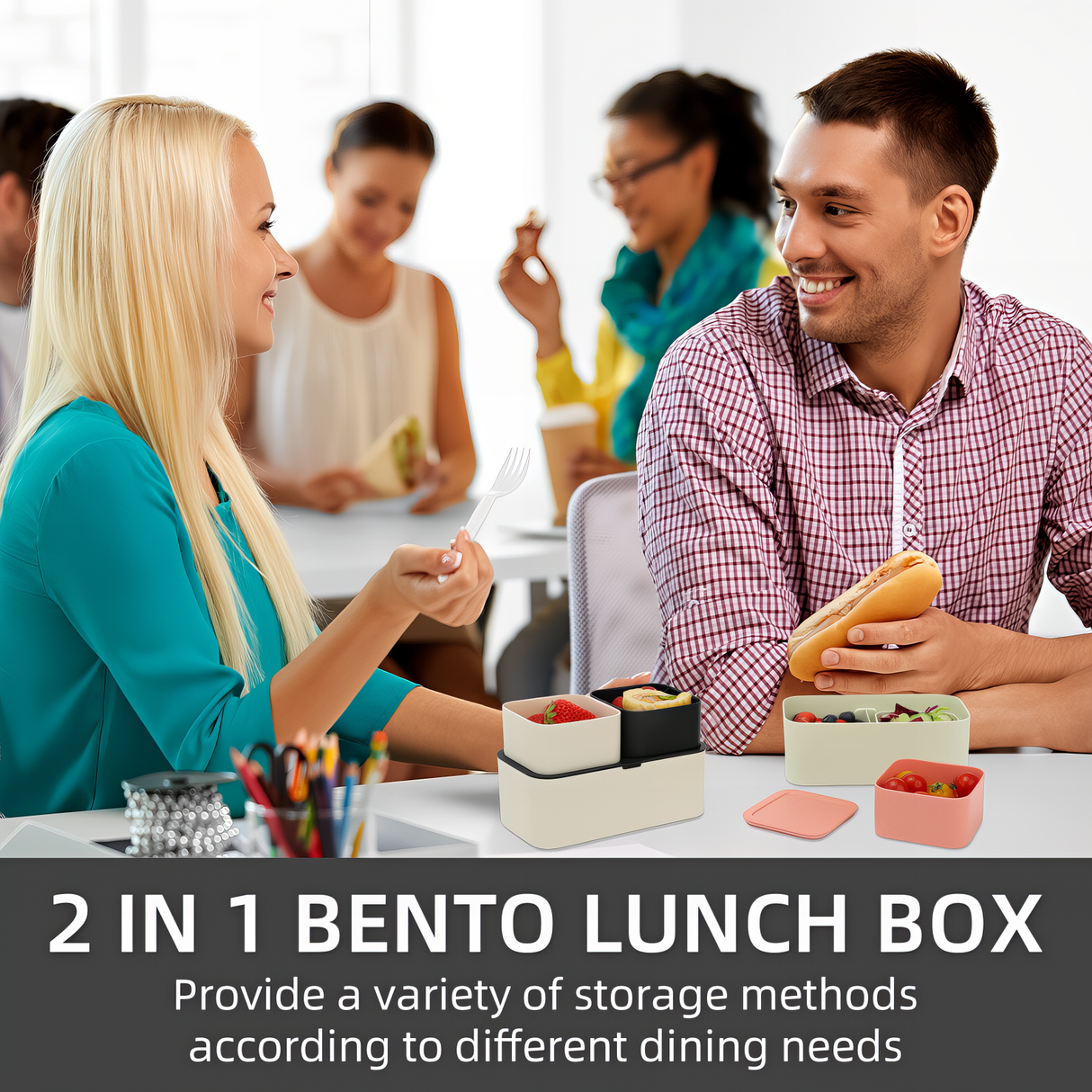 Bento Lunch Box 1450ML,2 in 1 Stackable Lunch Box Bento Box,2 Layer 3 Compartments Leak-Proof Lunchbox