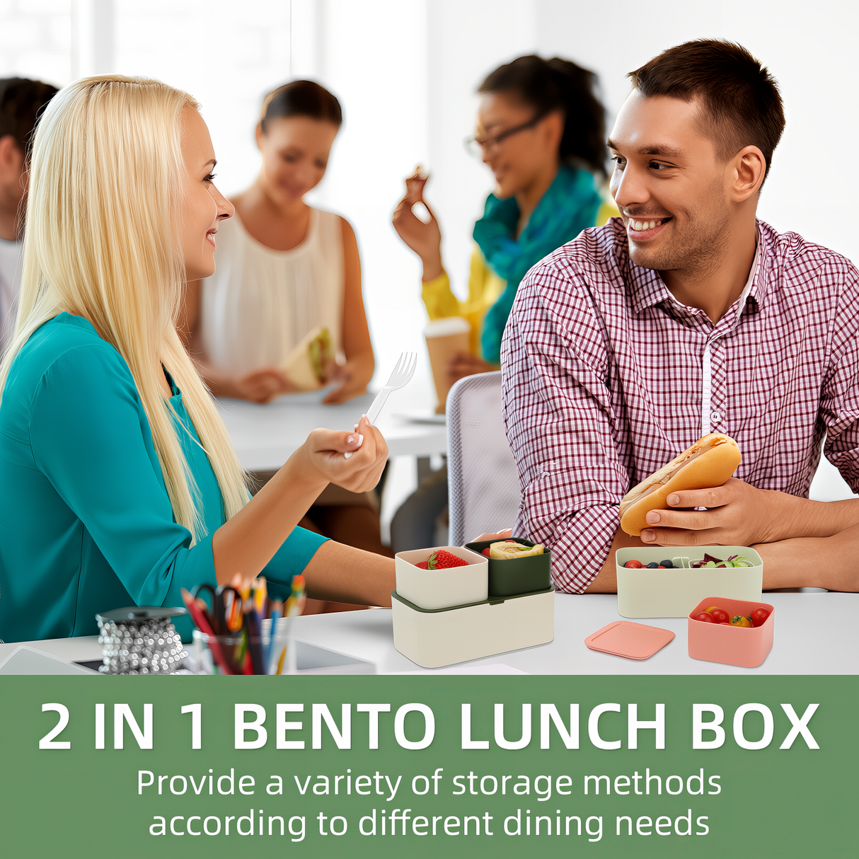 Bento Lunch Box 1450ML,2 in 1 Stackable Lunch Box Bento Box,2 Layer 3 Compartments Leak-Proof Lunchbox