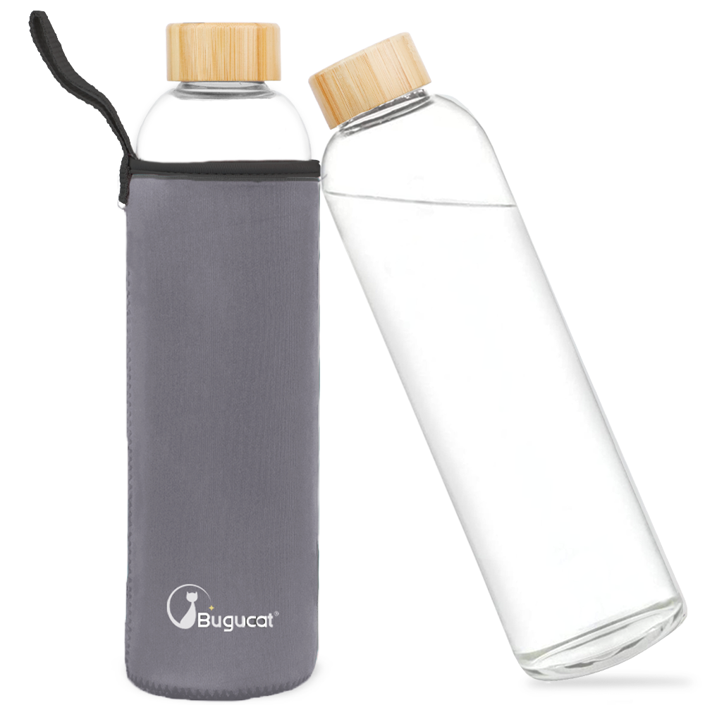 Borosilicate Glass Water Bottles 1000ML, Reusable Bamboo Lid Drinking Bottle with Protective Sleeves,BPA-Free Leak Proof