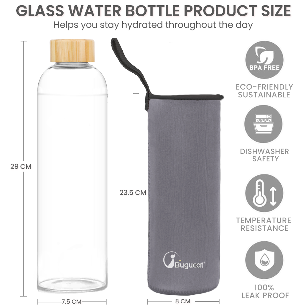 Borosilicate Glass Water Bottles 1000ML, Reusable Bamboo Lid Drinking Bottle with Protective Sleeves,BPA-Free Leak Proof
