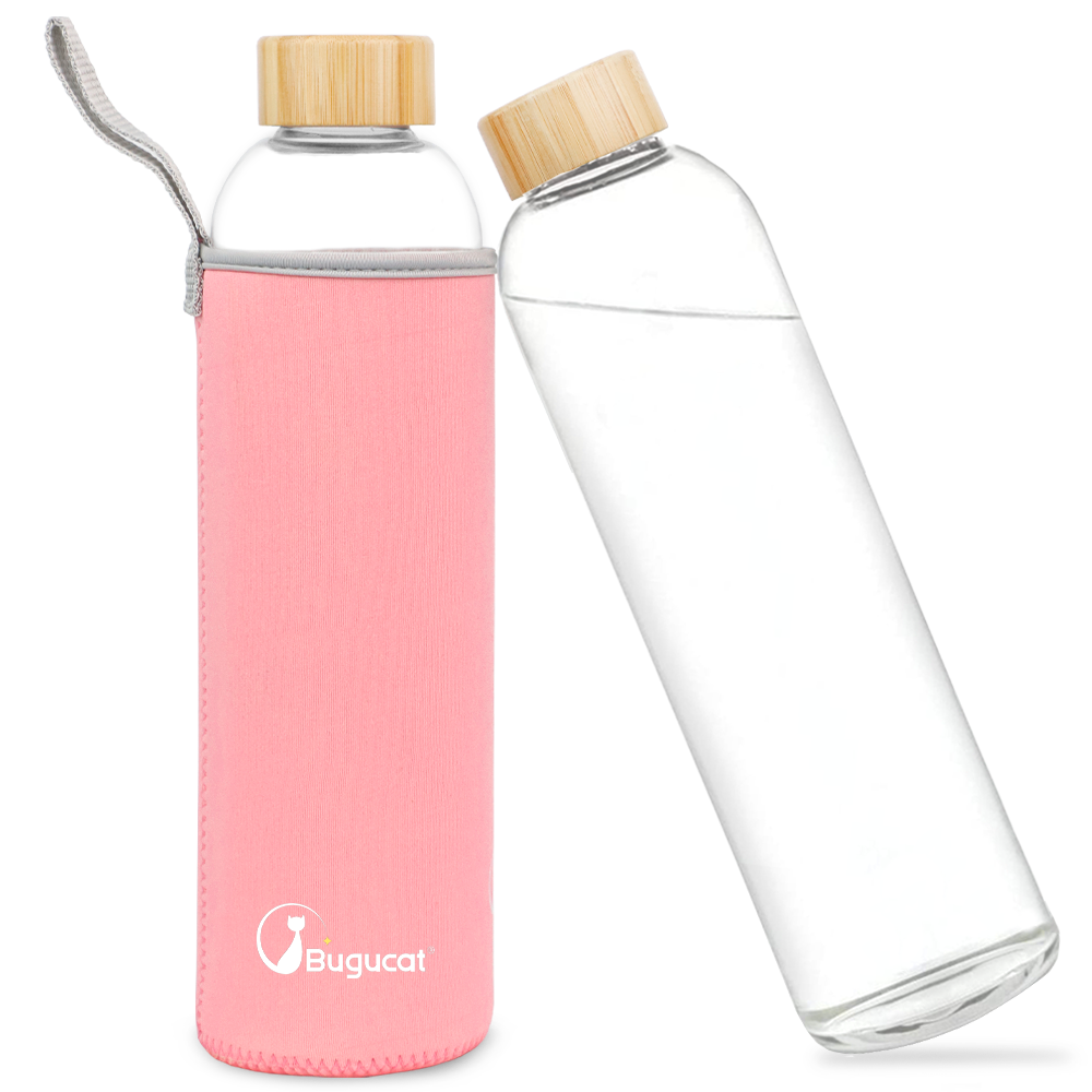 Borosilicate Glass Water Bottles 1000ML, Reusable Bamboo Lid Drinking Bottle with Protective Sleeves,BPA-Free Leak Proof