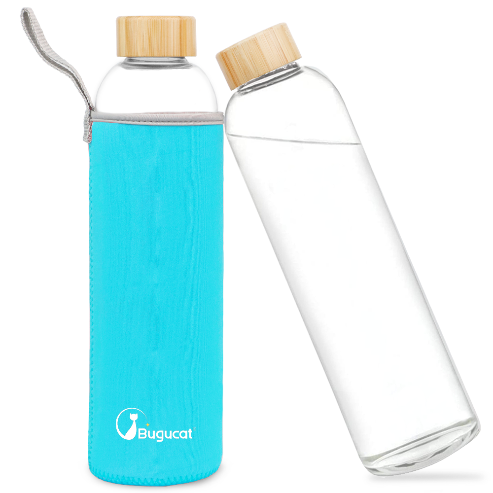 Borosilicate Glass Water Bottles 1000ML, Reusable Bamboo Lid Drinking Bottle with Protective Sleeves,BPA-Free Leak Proof