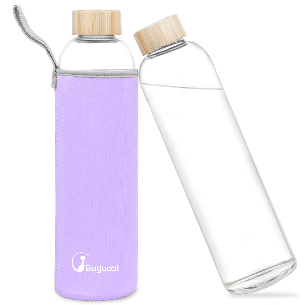 Borosilicate Glass Water Bottles 1000ML, Reusable Bamboo Lid Drinking Bottle with Protective Sleeves,BPA-Free Leak Proof