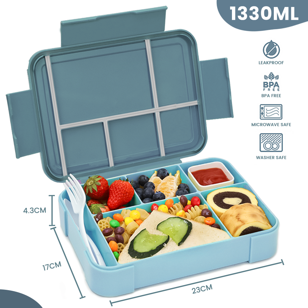 Lunch Box 1330ML,  Bento Box for Children with 5 Compartments Cutlery Set, Leak-Proof