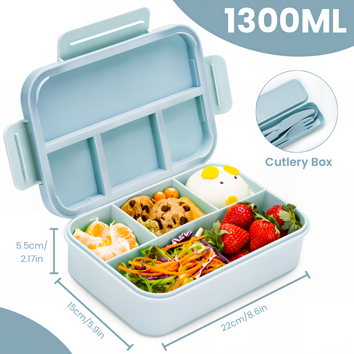 Lunch Box 1300ML,Leak-Proof Bento Lunch Box with 4 Compartments,Kids Lunch Box Bento Box Adult with Cutlery