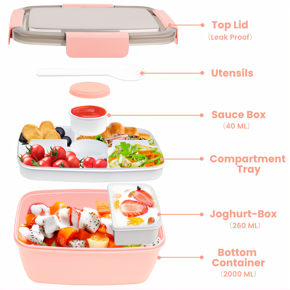 Bugucat Bento Box 2000ML, Lunch Box Salad Lunch Container to Go with 4 Compartment Tray