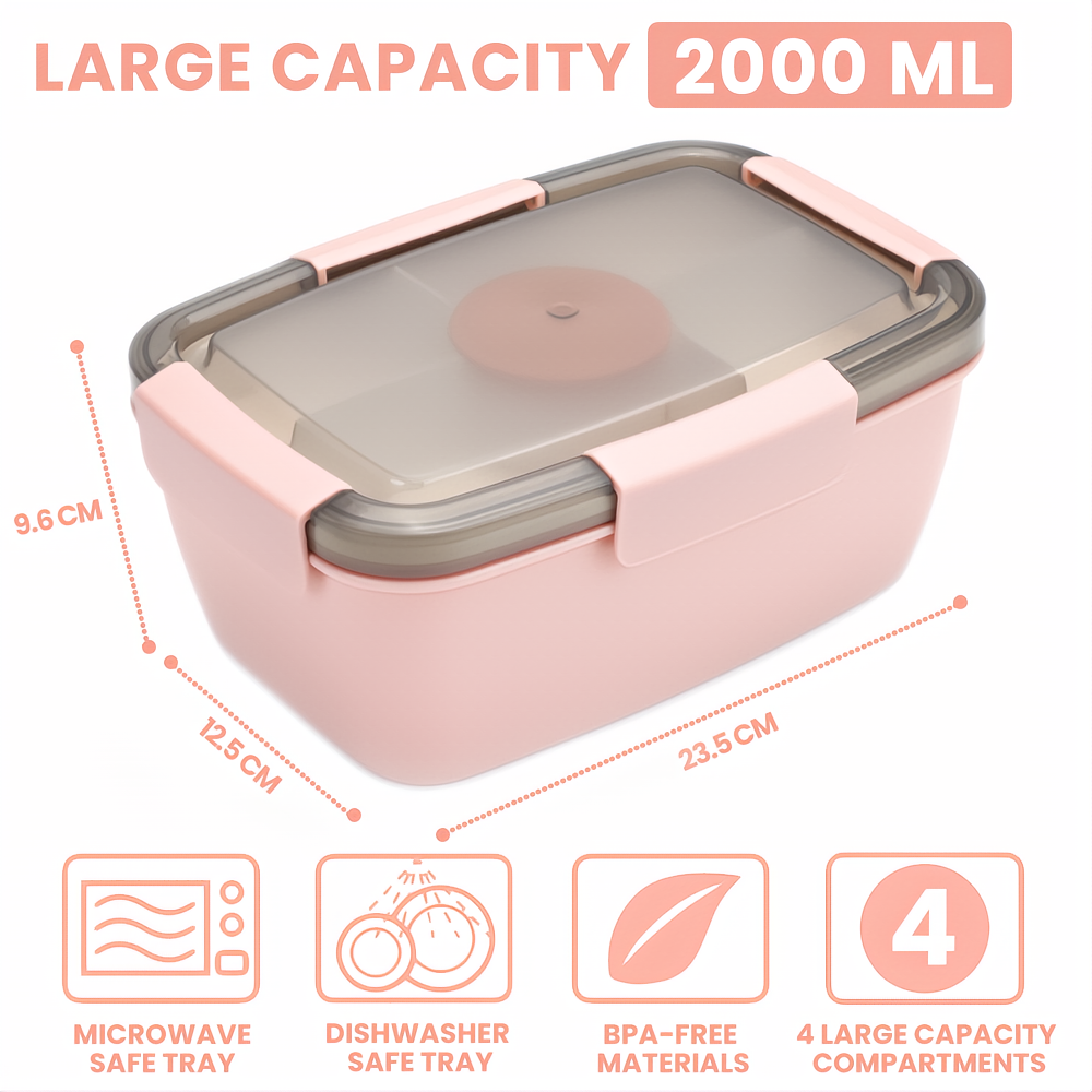 Bugucat Bento Box 2000ML, Lunch Box Salad Lunch Container to Go with 4 Compartment Tray