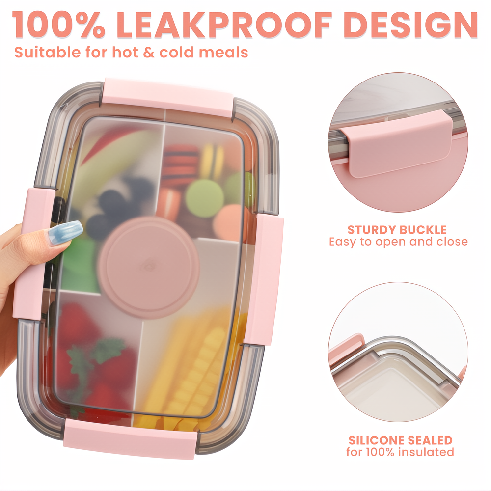 Bugucat Bento Box 2000ML, Lunch Box Salad Lunch Container to Go with 4 Compartment Tray