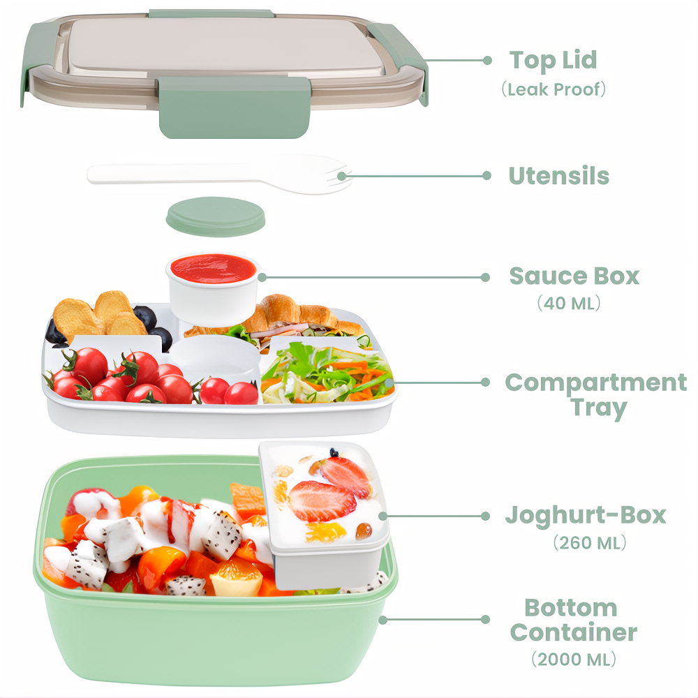 Bugucat Bento Box 2000ML, Lunch Box Salad Lunch Container to Go with 4 Compartment Tray