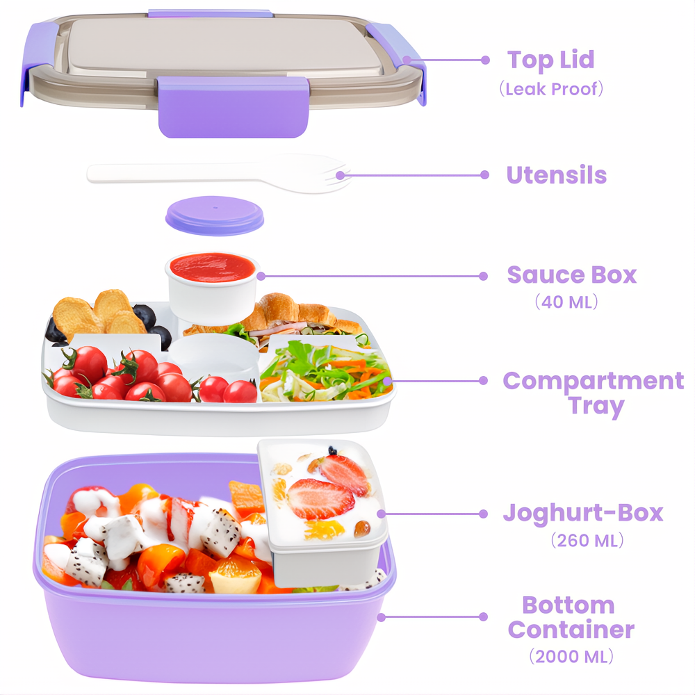 Bugucat Bento Box 2000ML, Lunch Box Salad Lunch Container to Go with 4 Compartment Tray