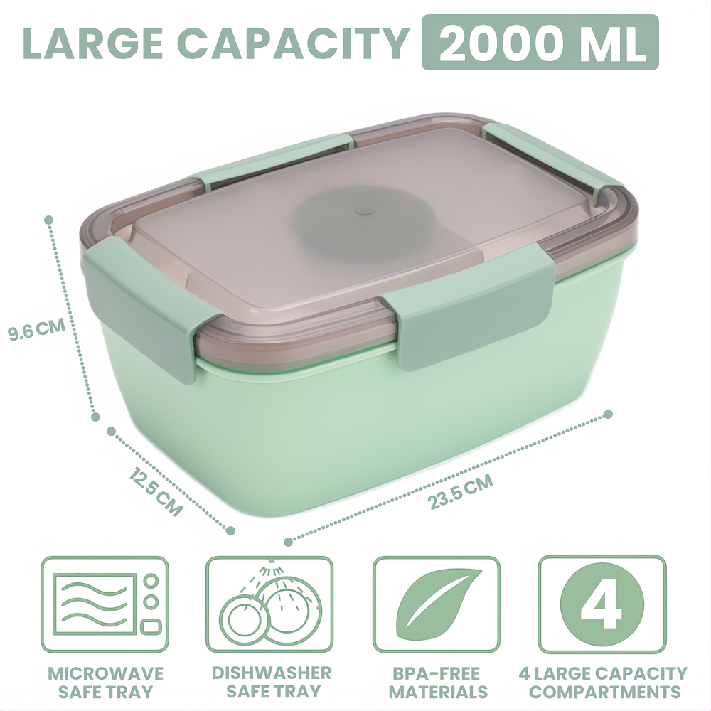 Bugucat Bento Box 2000ML, Lunch Box Salad Lunch Container to Go with 4 Compartment Tray