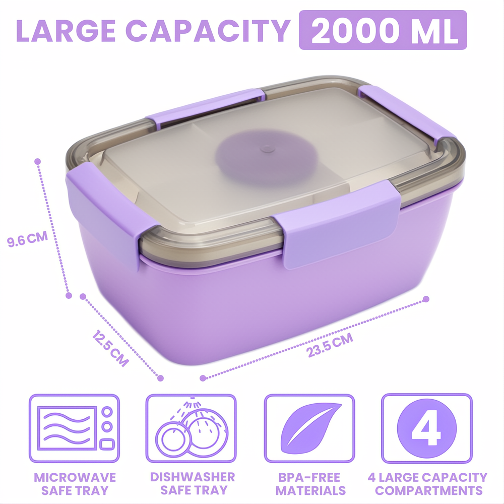 Bugucat Bento Box 2000ML, Lunch Box Salad Lunch Container to Go with 4 Compartment Tray