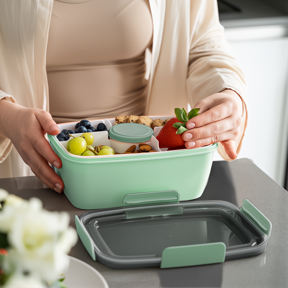 Bugucat Bento Box 2000ML, Lunch Box Salad Lunch Container to Go with 4 Compartment Tray