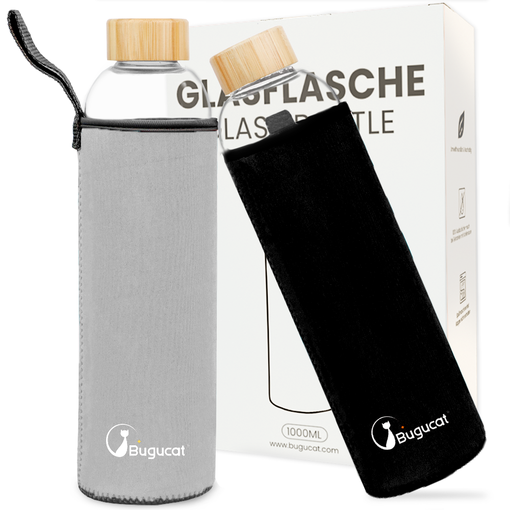 Borosilicate Glass Water Bottles 1000ML 2 Set,Reusable Bamboo Lid Drinking Bottle