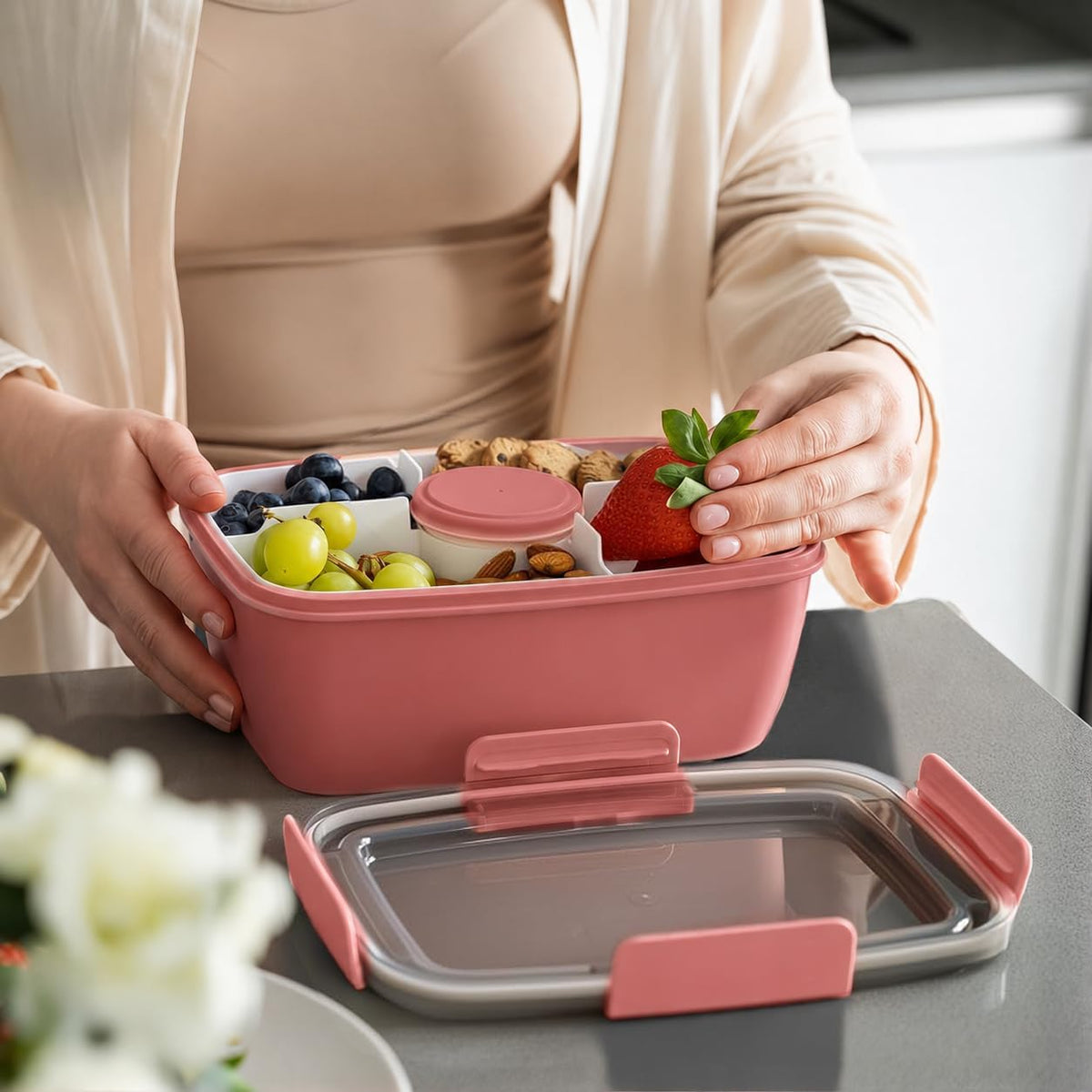 Bento Box 2000ML, Fiambrera Ensalada Contenedor de Almuerzo para Llevar con Bandeja de 4 Compartimentos