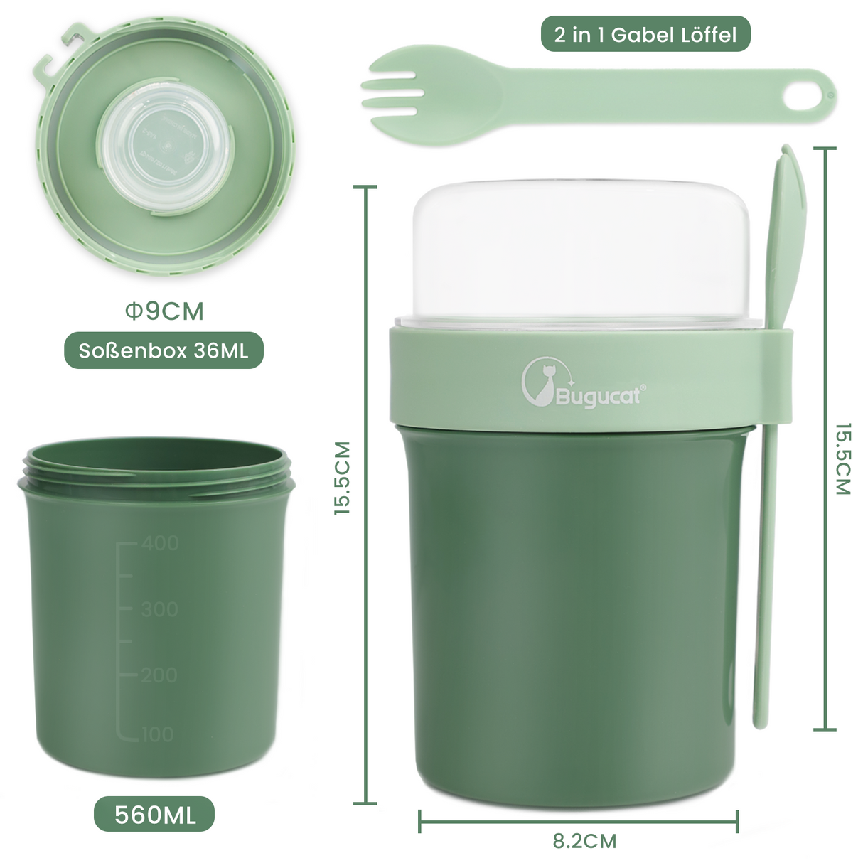 Cereal Cup To Go 560 ml + 230 ml, Yoghurt Cup To Go with Spoon and Lid,Leak-Proof Cereal To Go Cup with Sauce Box