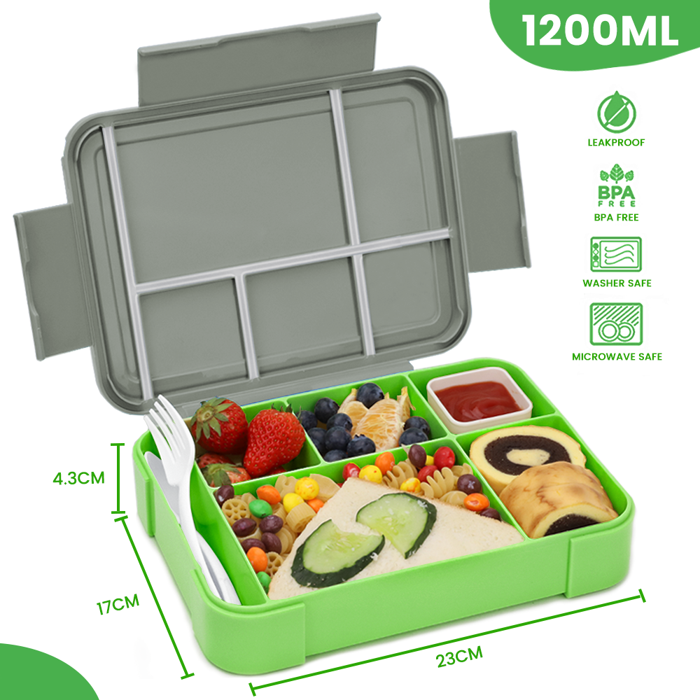 Lunch Box 1330ML,  Bento Box for Children with 5 Compartments Cutlery Set, Leak-Proof