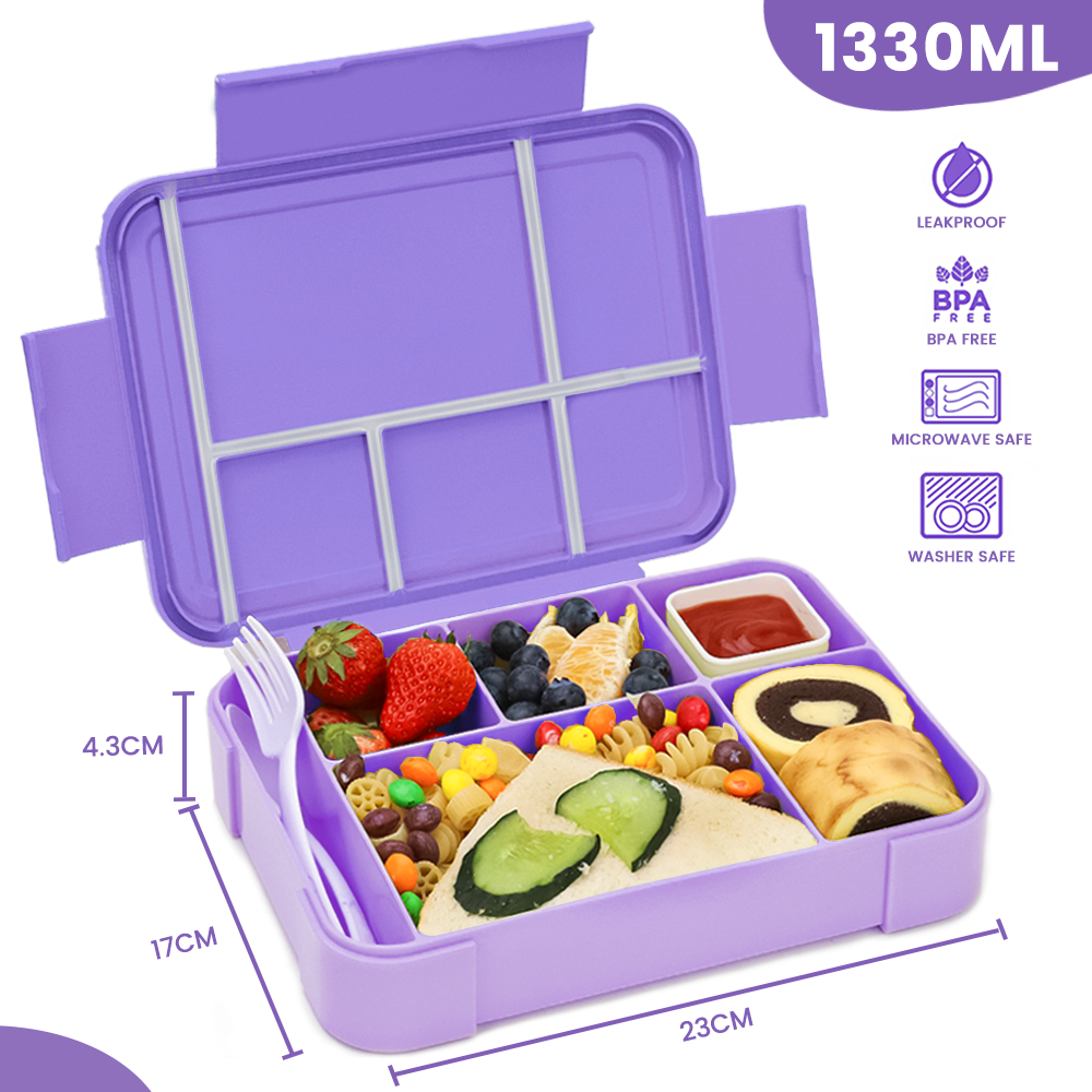 Lunch Box 1330ML,  Bento Box for Children with 5 Compartments Cutlery Set, Leak-Proof