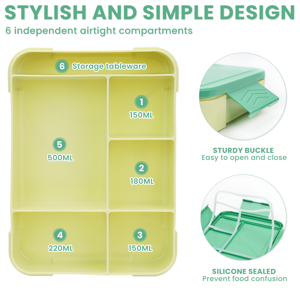 Lunch Box 1330ML,  Bento Box for Children with 5 Compartments Cutlery Set, Leak-Proof
