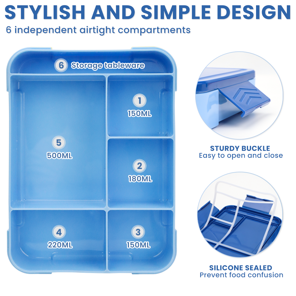 Lunch Box 1330ML,  Bento Box for Children with 5 Compartments Cutlery Set, Leak-Proof