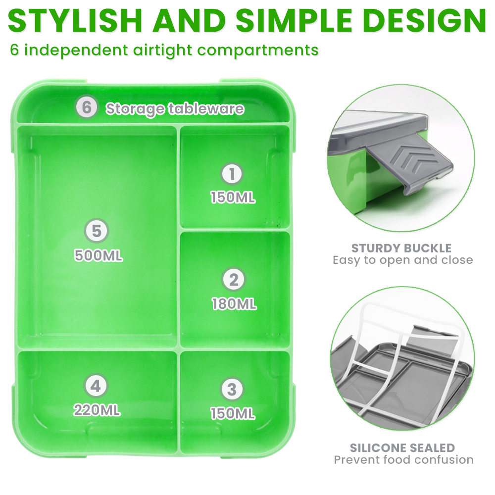 Lunch Box 1330ML,  Bento Box for Children with 5 Compartments Cutlery Set, Leak-Proof