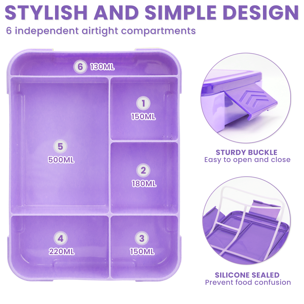 Lunch Box 1330ML,  Bento Box for Children with 5 Compartments Cutlery Set, Leak-Proof