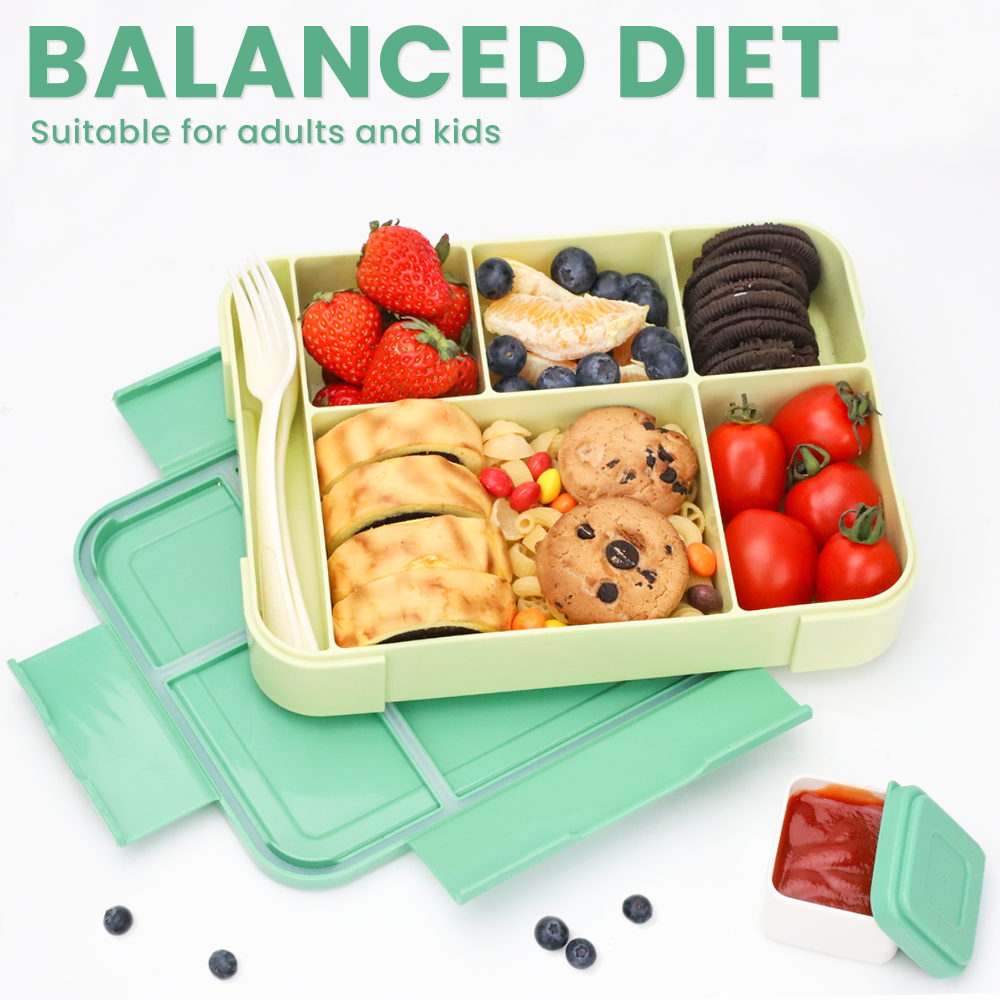 Lunch Box 1330ML,  Bento Box for Children with 5 Compartments Cutlery Set, Leak-Proof