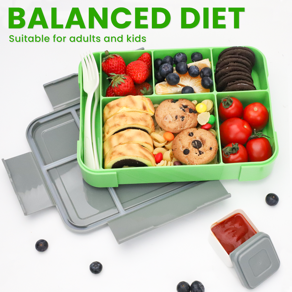 Lunch Box 1330ML,  Bento Box for Children with 5 Compartments Cutlery Set, Leak-Proof