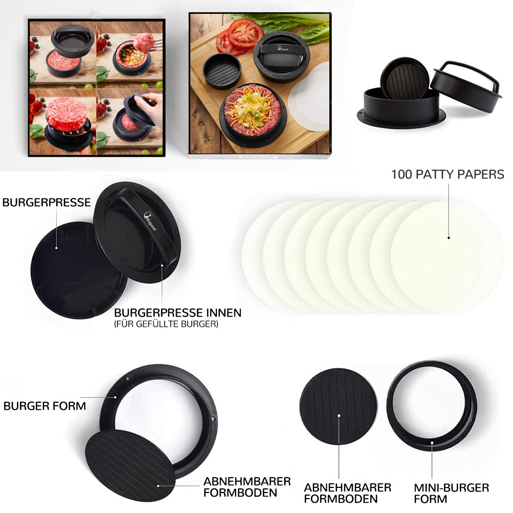 3 in 1 Burger Press, Non-Stick Hamburger Patty Maker Press Kit Give 100 Wax Patty Papers
