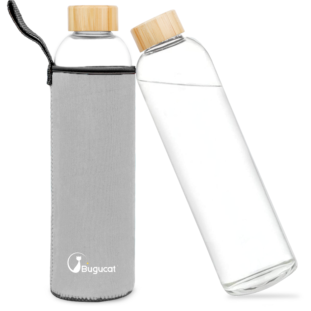 Bugucat Wasserflaschen aus Borosilikatglas, 1000 ml, wiederverwendbare Trinkflasche mit Bambusdeckel und Schutzhüllen, Saftgetränkebehälter, BPA-frei, auslaufsicher, für Schule, Sport, Yoga, Fitnessstudio, heiße kalte Getränke