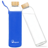 Bugucat Wasserflaschen aus Borosilikatglas, 1000 ml, wiederverwendbare Trinkflasche mit Bambusdeckel und Schutzhüllen, Saftgetränkebehälter, BPA-frei, auslaufsicher, für Schule, Sport, Yoga, Fitnessstudio, heiße kalte Getränke